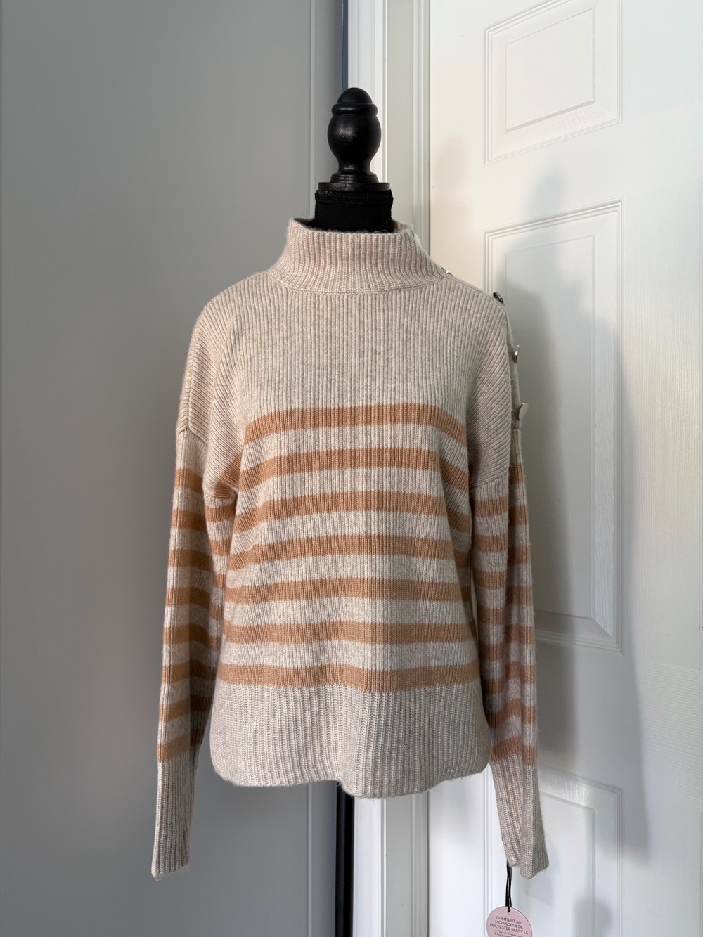 Beige & Camel Striped Turtleneck Sweater With Shoulder no Button Detail